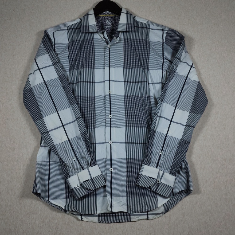Bugatchi Uomo Plaid Stretch Long Sleeve Button Down Shirt Mens Large White Black